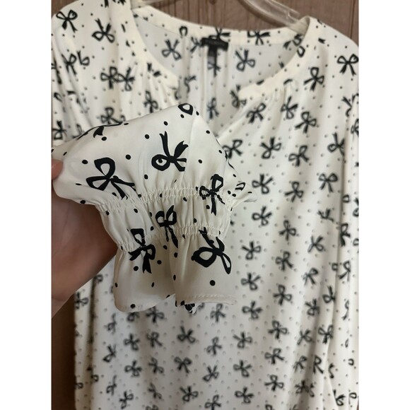 Talbots Ivory Bow Ribbon Print Long Sleeve Elastic Cuff Top Blouse Size XL Work - Picture 4 of 6